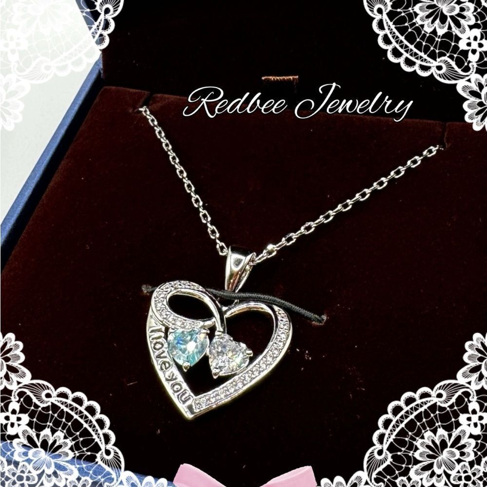 NIB Redbee 18k white GP over s925 “I Love You”, blue/white CZ diamond‎ necklace!